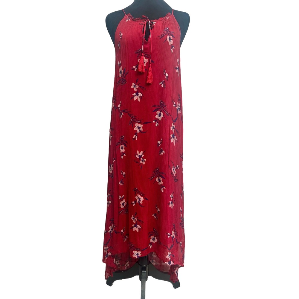 Lucky Brand Romantic Red Floral Boho Maxi Dress Tassel Tie Front Sheer Hi-Low M